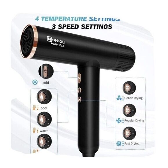 Nicebay Ionic Hair Dryer, Professional Blow Dryer with 3 Attachments Open Box - Picture 11 of 12